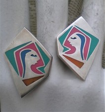 Vintage Sterling Silver Pink Green Blue Enamel Woman's Profile Pierced Earrings