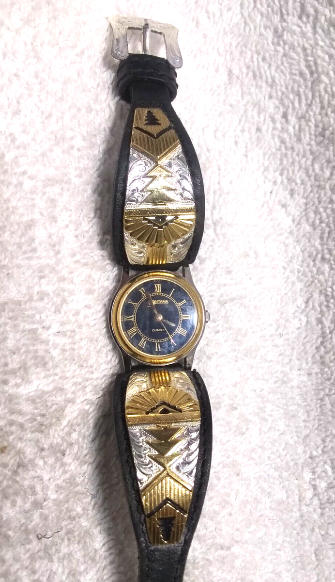 Montana Silversmiths Watch Aztec Silver Gold Black Leather New Bat