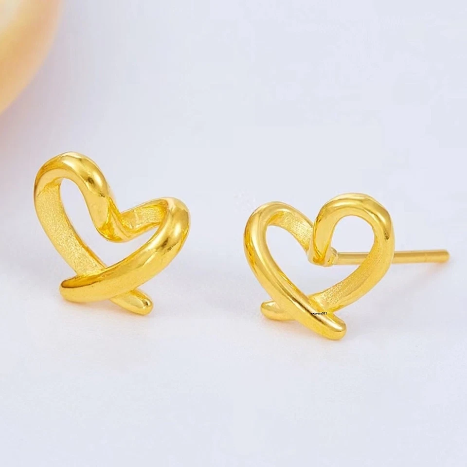 1 Pair Pure 999 24k Yellow Gold Stud Women Lucky Gift Cross Heart Earrings 1.79g - Image 2 of 4