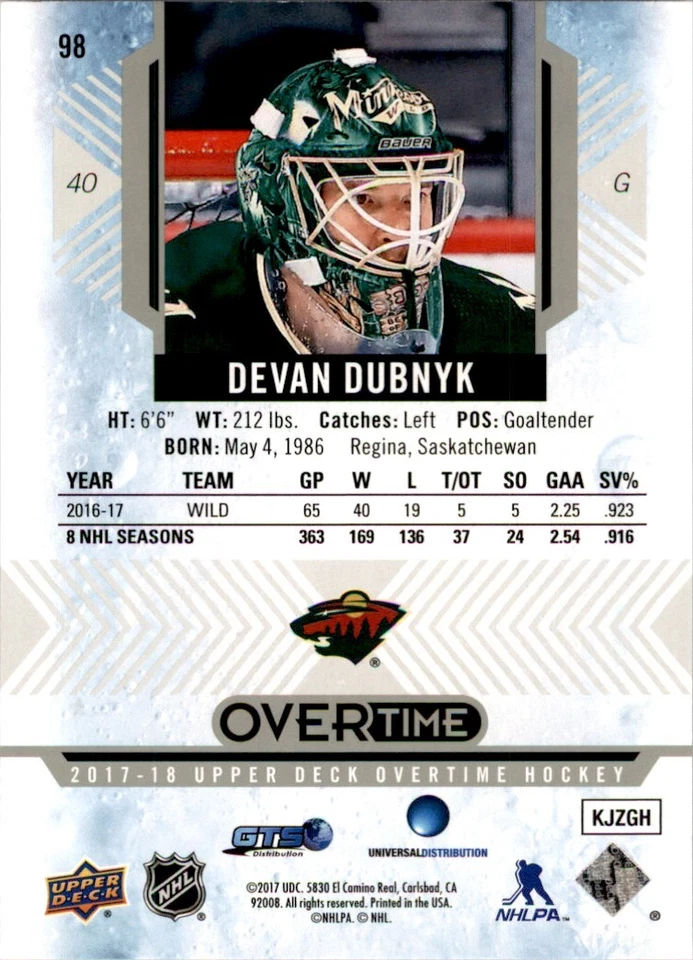 2017-18 Upper Deck Overtime #98 Devan Dubnyk - Image 2 of 2