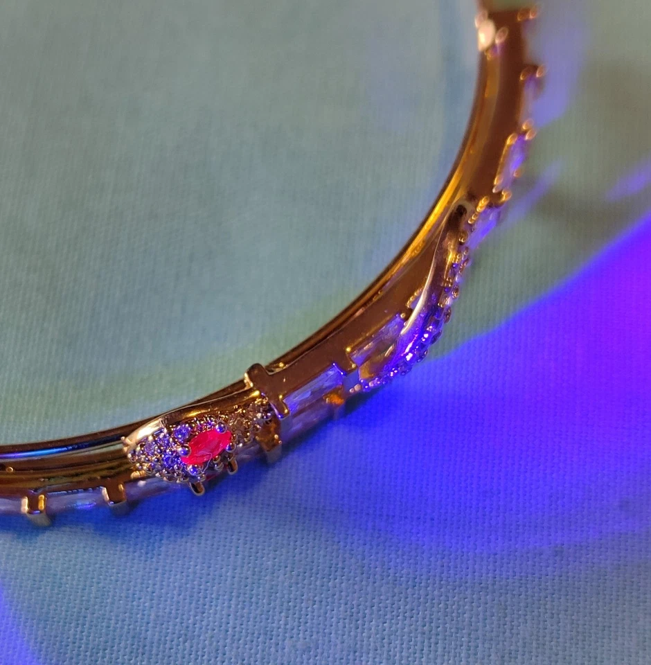 Gold Plated Cuff Bracelet Red Lab Ruby Eyes And Clear CZ Snake 7in - Image 2 of 4