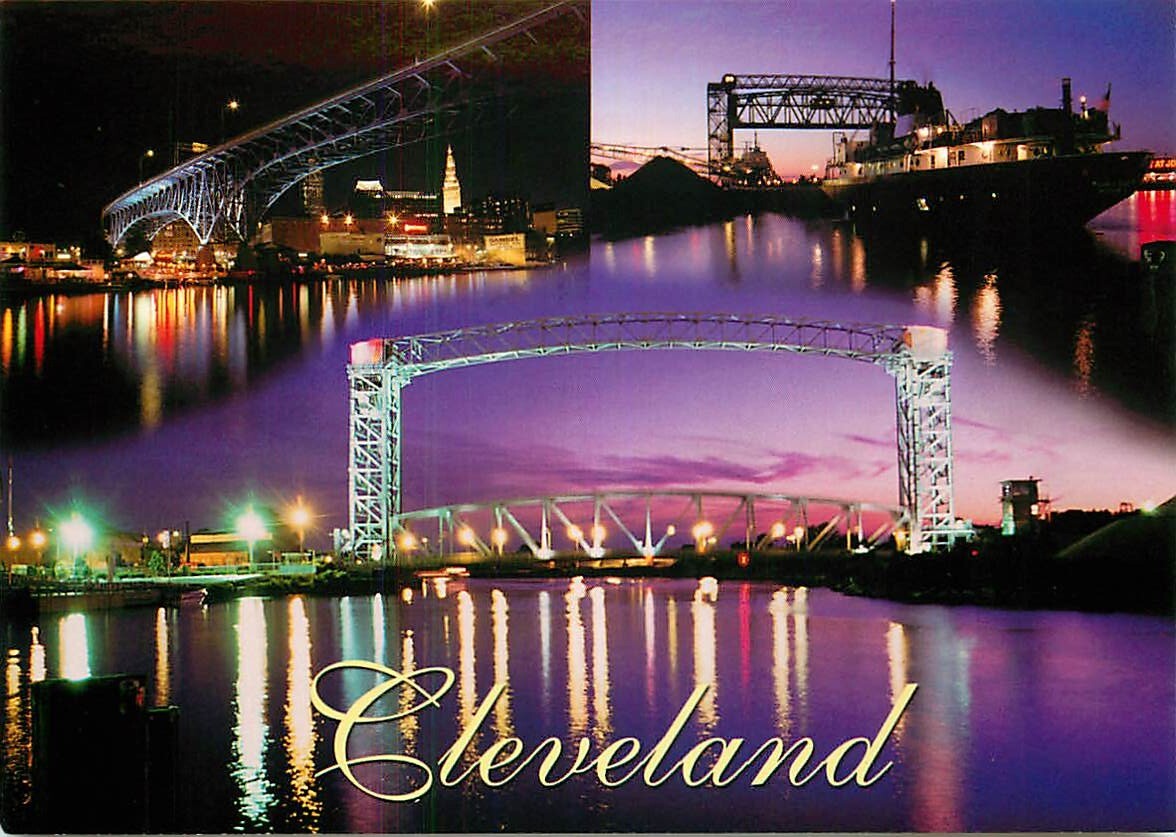 Postcard Cleveland, Ohio 3 Night Views of Bridges over Cuyahoga River eBay