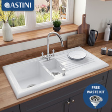 Astini Lago 1.5 Traditional Fireclay White Ceramic Kitchen Sink & Waste