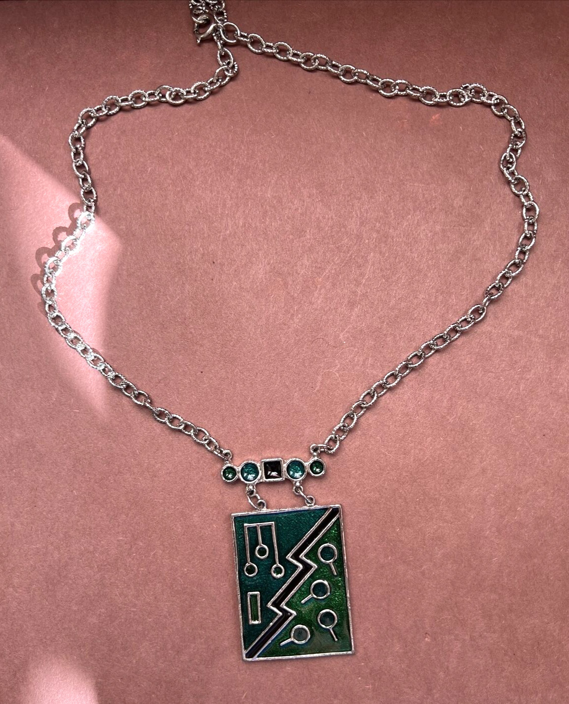 Silver Chain Necklace With Rectangular Green Enam… - image 2