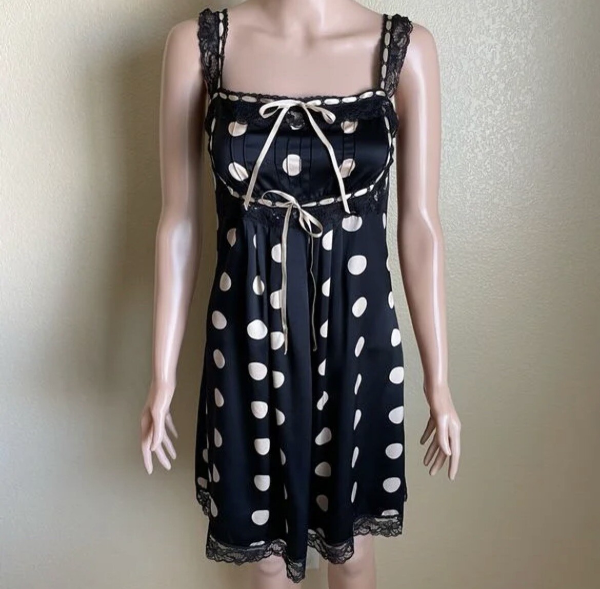 Y2K Betsey Johnson Silk Polka Dot Slip Dress Ribbon Lace Black Cream Size 2 New
