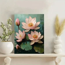Pink Water Lilies Framed Canvas Stretched Ready to Hang 50x40 Home decor Gift