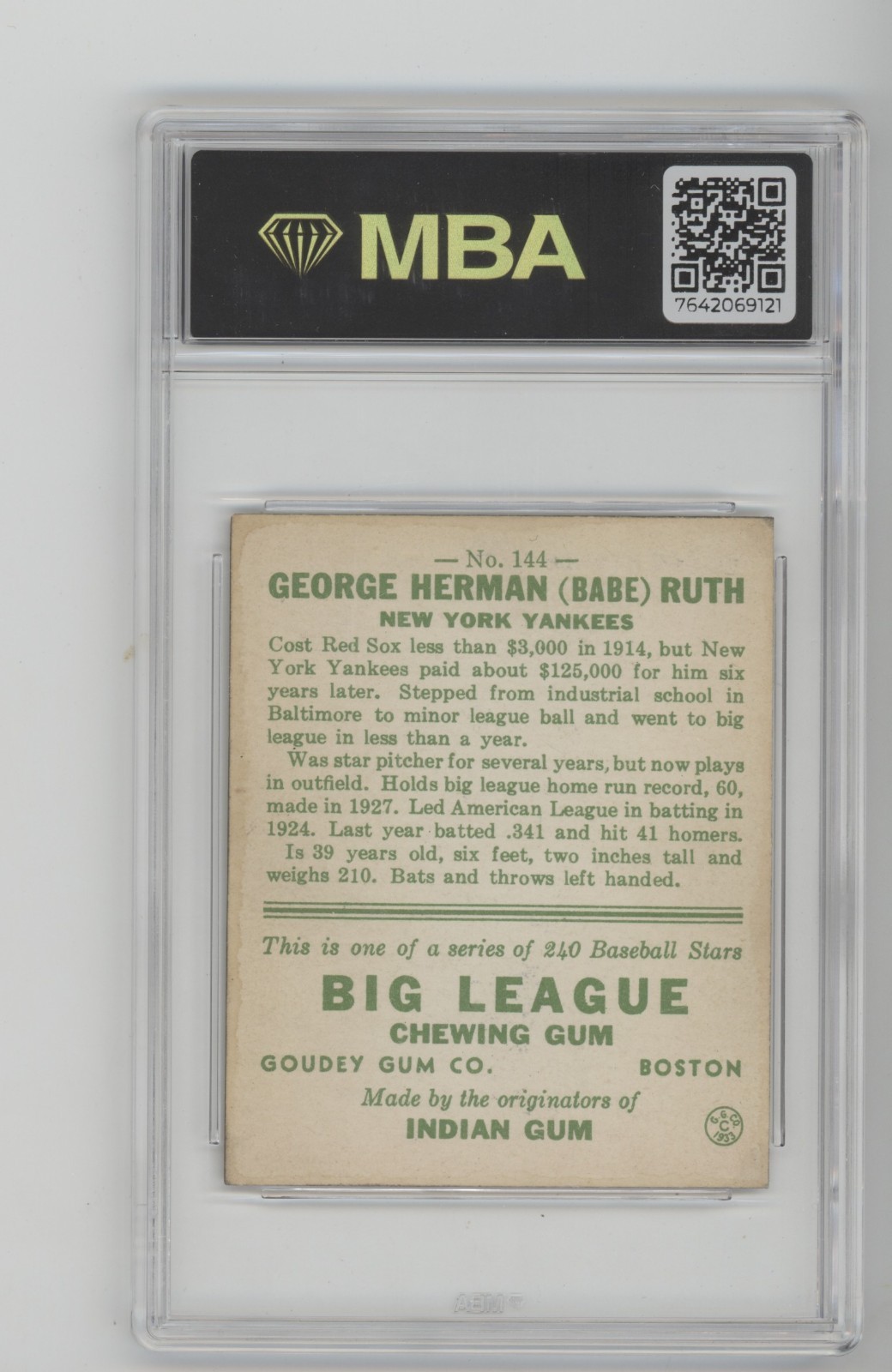 1933 Goudey Gum Baseball #144 Babe Ruth New York Yankees MBA Authenticated view 4