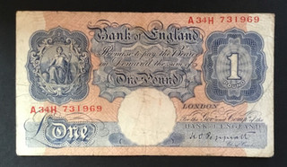 Banknote Of England One Pound Blue And Pink KO. Peppiatt. A34H. Circulated Cond.