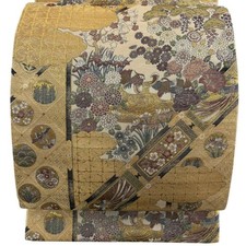 Japanese Silk Fukuro obi Pine and plum Mandarin duck Foil Kin Iro Excellent 5904