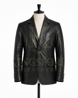Men s Black Genuine Cowhide Leather Blazer 2 Button Sport Coat Custom Made