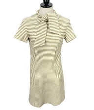 Vintage 60s Handmade Taupe Houndstooth Print Short Sleeve Bow Tie Business Dress