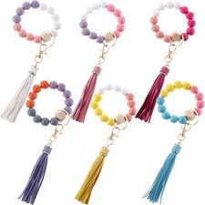 6 Pcs Wristlet Keychain for Women, Wood Boho Bead Key Ring Bracelet with Tass...