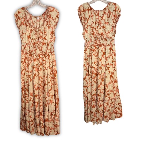 Old Navy Rust Floral Smocked Waist Maxi Dress Flutter Sleeve Medium Peasant - Picture 2 of 7