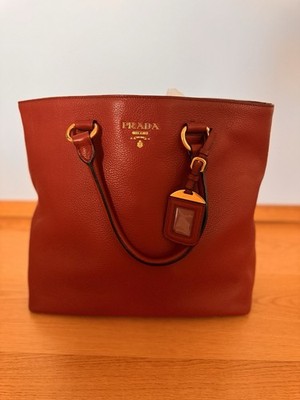PRADA Leder Shopper Tote Bag Rot Bordeaux Gold Hardware Damen