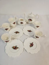 VTG CDI Plastic Tea Set Rose Floral  Pattern Flutter Rims Pretend Play 12 PCS