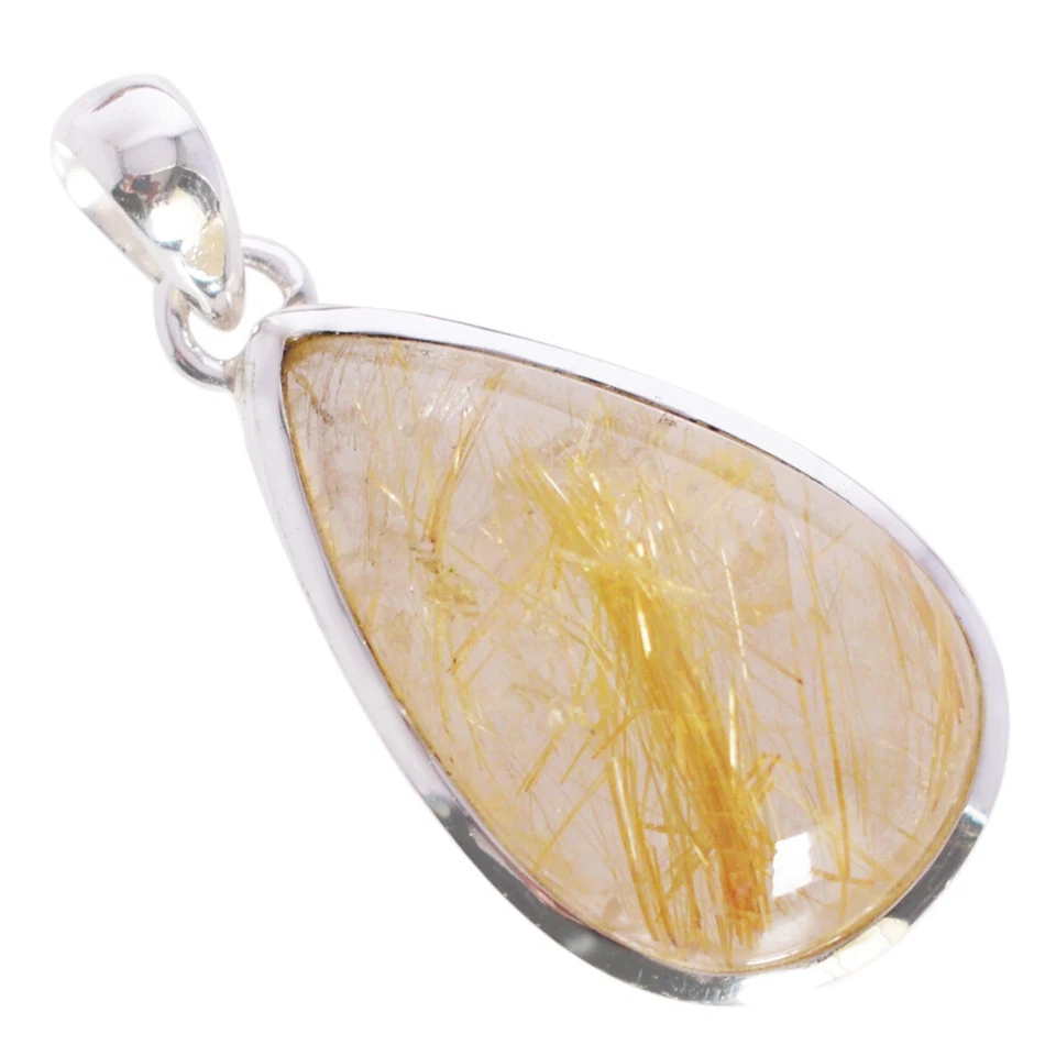 Ciondolo goccia quarzo rutilato dorato argento sterling 925 gemma gioielli... - Immagine 3 di 4