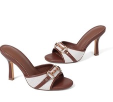 Women's Brown White Colorblock Buckle Slip On Mule Stiletto Open Toe Heel
