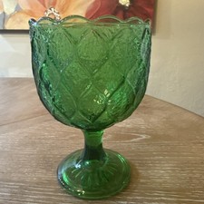 Vintage Emerald Green Pressed Glass Pedestal Compote / Goblet Vase, Harlequin Diamond Pattern with Scalloped Rim — listing 2