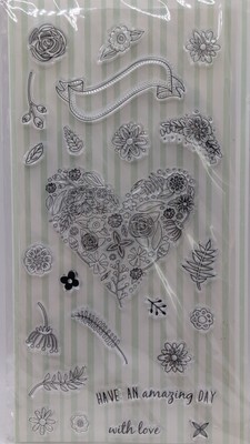 Papermania Folk Floral 24 Piece Heart Flower Stamp Set Clear Photopolymer NEW