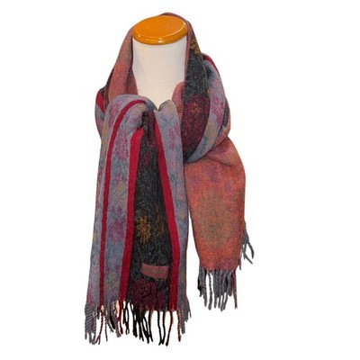 KENZO Wool Boho Floral Fringe Long Stole Scarf Red Multicolor Vintage EUC