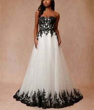 Vintage Black  White Lace Strapless Tulle A-Line Wedding Dresses Bridal Gowns
