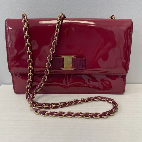 Salvatore Ferragamo Burgundy Patent Leather Ginny Vara Bow Chain Bag - Preowned