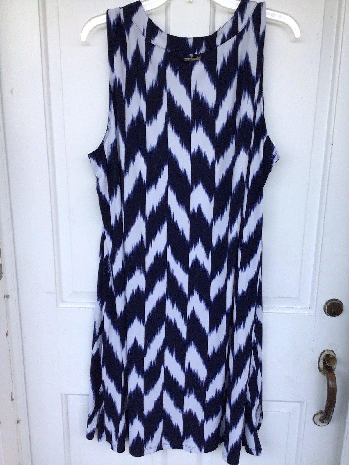 Abito tunica smanicato Michael Michael Kors blu navy bianco zig zag midi taglia 2X.