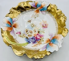 Antique RS Germany Porcelain Large Bowl Iris Mold Gold Bright Florals c.1900