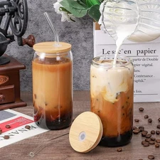 Glass Cups with Straw Set of Perfect for Iced Coffee, Tea & Refreshing Drink