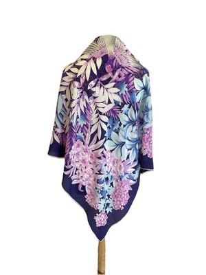 H74# Elegant Purple Silk Scarf Japanese Style Floral Crane Bird Print Large VTG