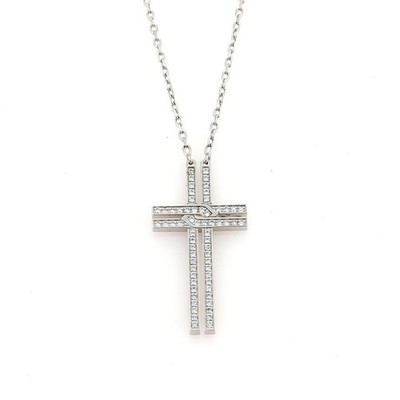 Cartier Diamond Cross 18k White Gold Pendant Necklace w/Paper