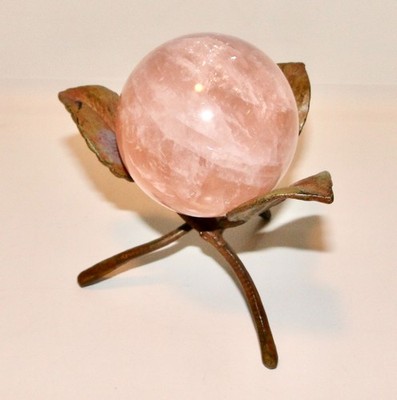 Pink ROSE QUARTZ ORB Ball Sphere + Brown Metal TWIG STAND 4 3/4'' Tall