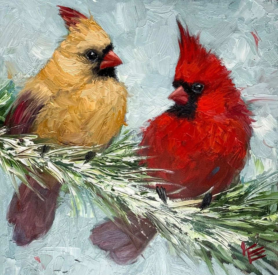 Pintura Original Pájaros Cardenales Sobre Panel 8 X 8 Pulgadas Arte Pájaro Krista Eaton Foto 2 de 4