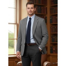Vintage Tweed Herringbone Sport Coat Jacket Men's Classic Tailored Gray READ
