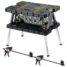 Portable Folding Table Tool Storage Stand Workbench Sawhorse with 12" Clamps