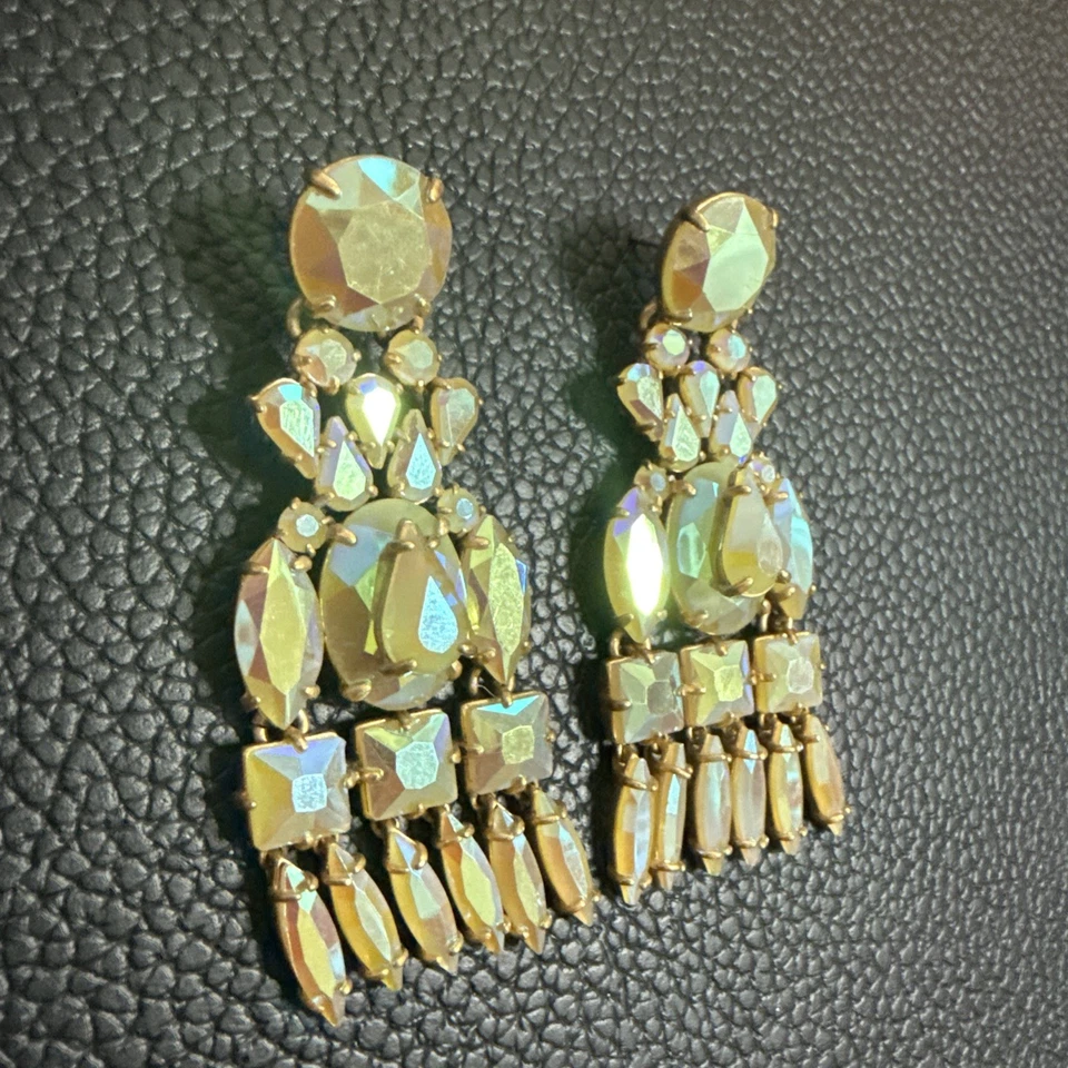J Crew Green Iridescent Playa Chandelier Statement AB Faceted Gold Earrings - Image 3 of 4