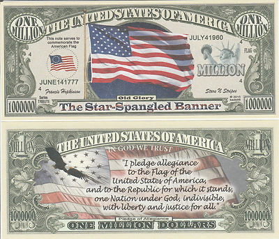 Old Glory Star Spangled Banner Flag Million Dollar Funny Money Note +FREE SLEEVE