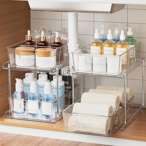 Pull-Out Home Organizer, 2 Pack 2 Tier Clear Bathroom Organizer with Dividers, M