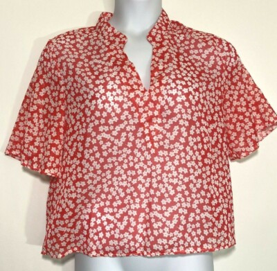 Oc Orderplus Womens Sheer Layer Blouse Size XXL Red White Floral Short Sleeve