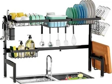 Over The Sink Dish Drying Rack,Expandable 2-Tier Stainless Black-expandable 