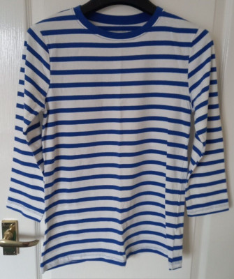 DUNNES STORES Lady Blue White Stripe T Shirt Long Sleeve Tee Size S EU 36 38 BN
