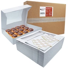 Bakery Boxes with Window [24-Pack] 16x12x2.25| White Auto-Popup Donut Boxes