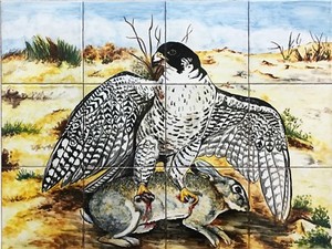 Details About Mural Hand Painted Peregrine Falcon Attacks Rabbit 12 Tiles Spanish Ceramic