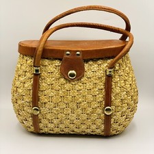 Vintage Mexican Woven Tote Purse Tooled Leather Lid Shoulder Tote Bag Basket