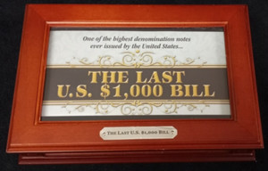 Last $1,000 Bill Wooden Display Case w/glass window Collection Box w/Key by PCS