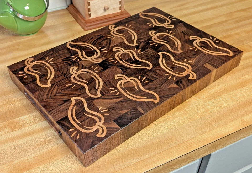 Handcrafted Walnut Cutting Board with Maple Jalapeño Inlay – End Grain – 12x18 - Image 3 of 4