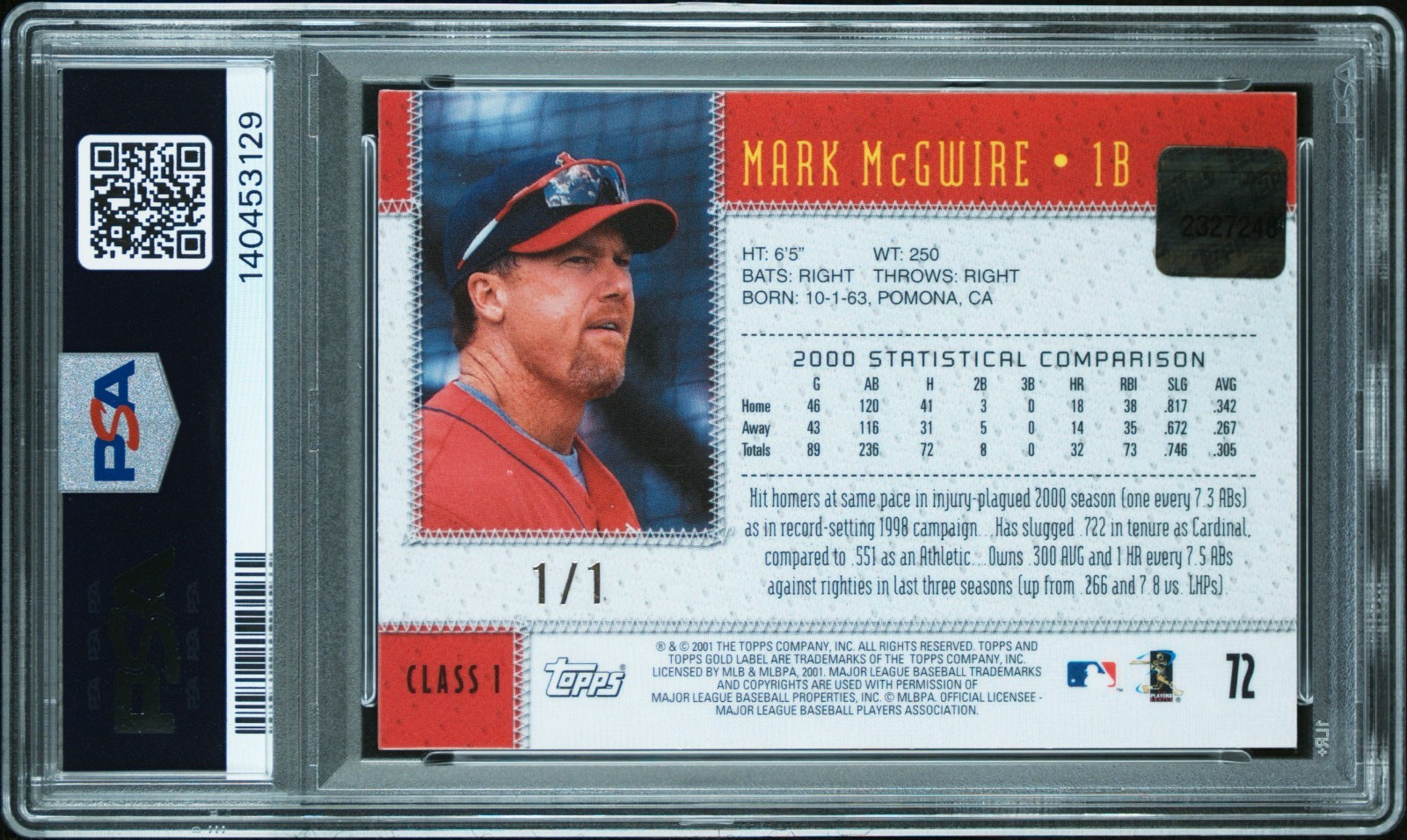 1/1 MARK MCGWIRE PSA 7 2001 TOPPS GOLD LABEL #72 MASTERPIECE CLASS 1 TRUE 1/1 view 2