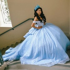 Sky Blue Ball Gowns Quinceanera Dresses Lace Appliques Beaded Tiered Sweet 15 16