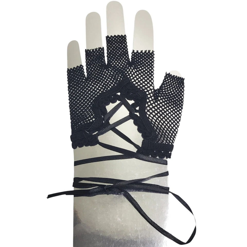 Fingerless Fishnet Gloves Lace Up Wrist Length Black or White GLF - Image 3 of 4