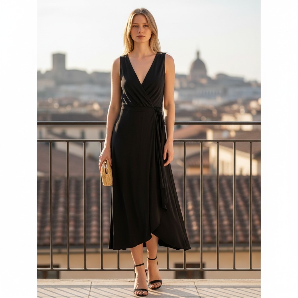 Vestido midi envolvente negro White House Black Market cuello en V espalda cruzada talla 6